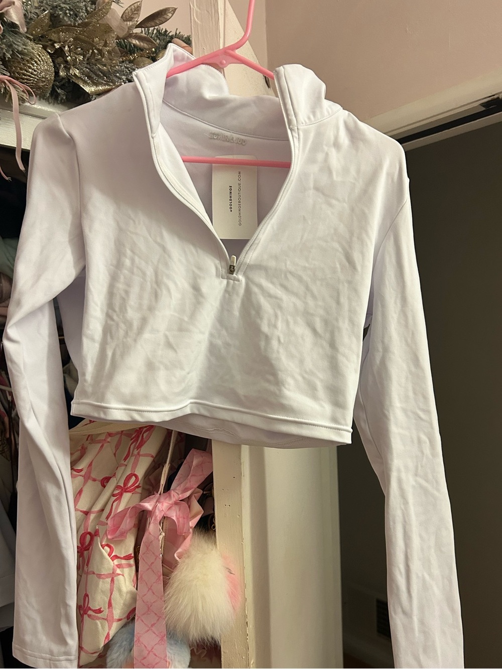Gold Hinge White Cropped Quarter-Zip Top